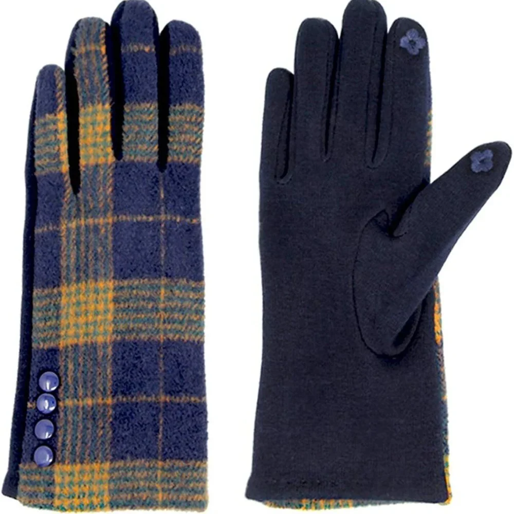 Black Button Plaid Smart Gloves Fleece Lined Smart Touch Text Friend